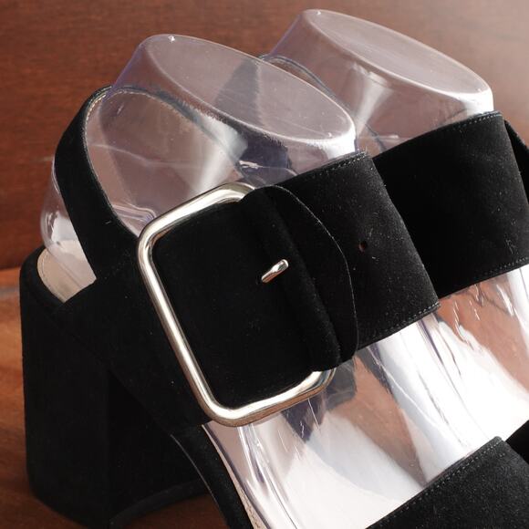 Stuart Weitzman Sandals WMS SZ 5.5M BLK Suede Block Heel Buckle Slingback Shoes - Picture 5 of 13